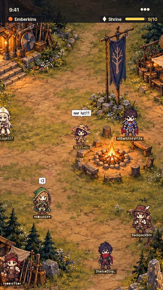 Pixel characters gathered at a campfire, one showing off new headgear
